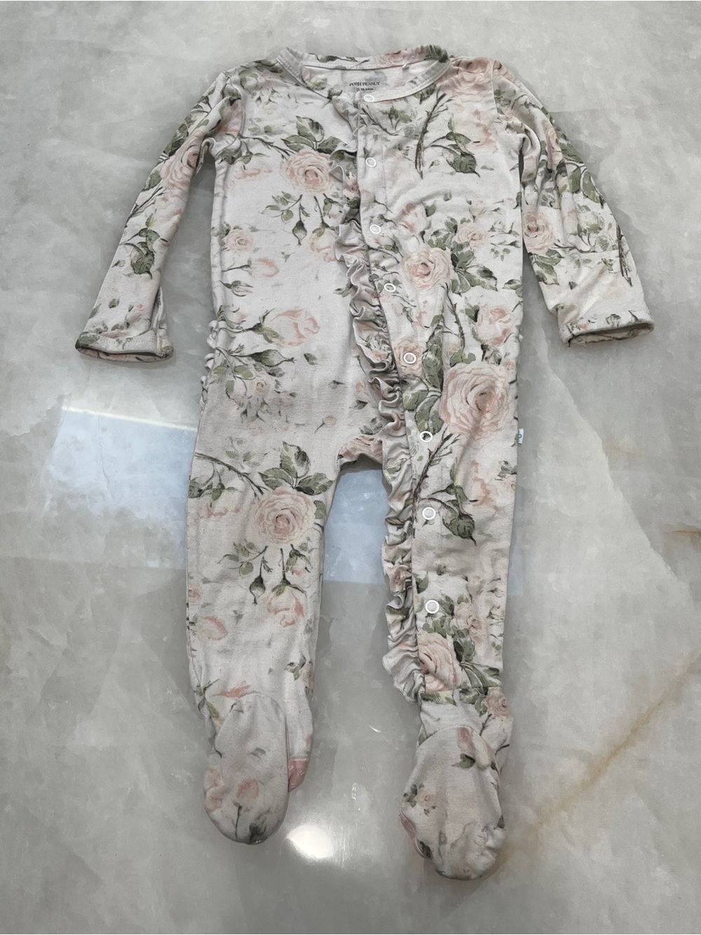 Posh Peanut Floral Ruffle Footed One-Piece in Cream, Pink, and Green